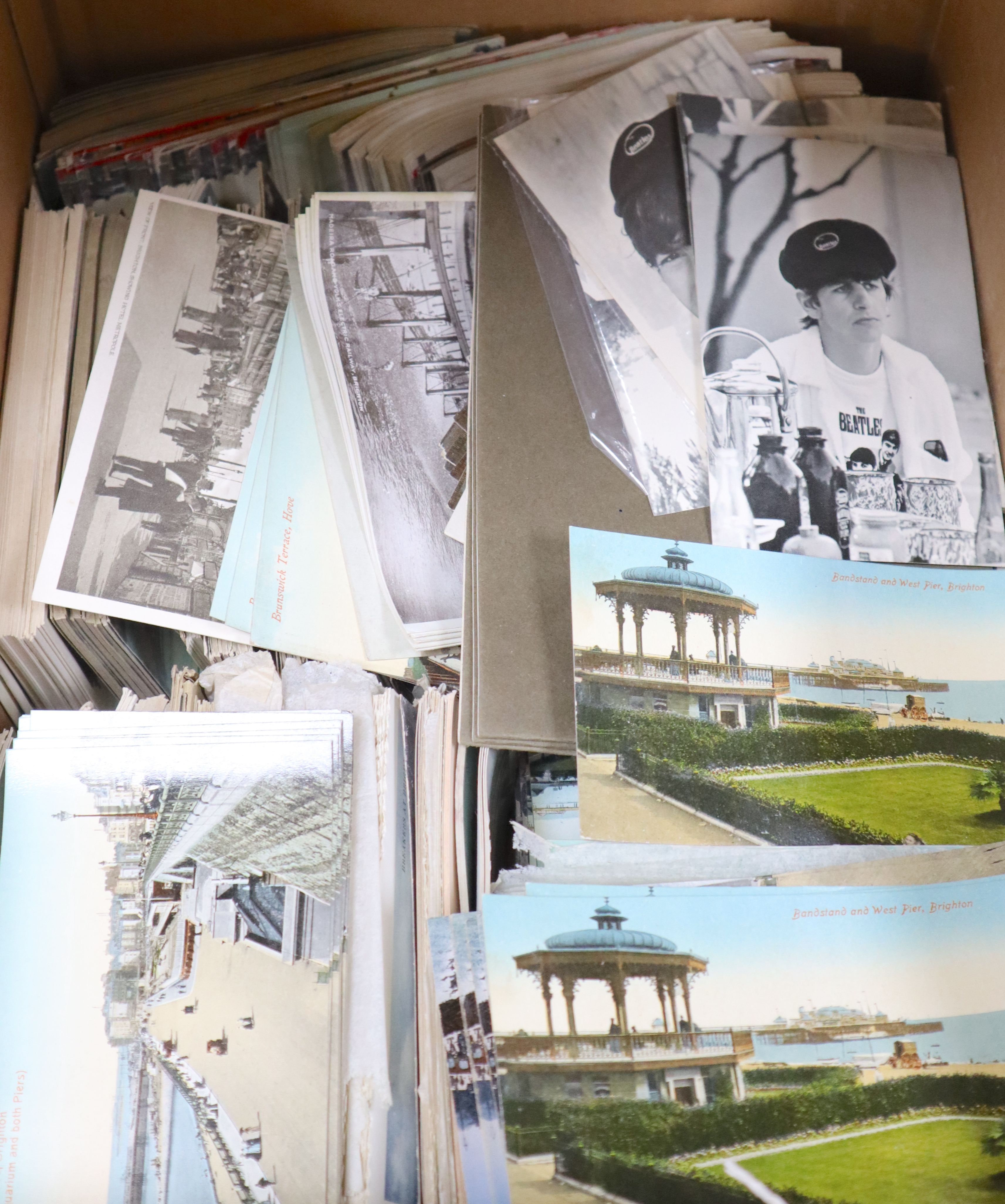 A collection of postcards, Brighton topographical and four further postcards, The Beatles